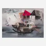Mai Vo-Dinh, Untitled (Abstract Harbor Scene with Boats and Houses), 1972, acrylic on paper
