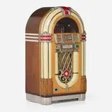 Multi-Selector Bubbler jukebox, model 1015 by The Rudolph Wurlitzer Company, c. 1947, mahogany, maple, chrome-plated and brushed aluminum, glass and mirrored glass, acrylic, fabric, sold Nov 2025