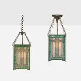 Bradley & Hubbard, Hanging lanterns, pair, c. 1915, slag glass, textured glass, patinated white metal