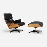 Charles and Ray Eames, Lounge chair and ottoman, c. 2000, leather upholstery, walnut plywood, enameled aluminum