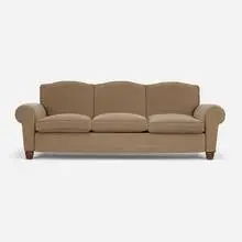 Dominique, Sofa, c. 1940, microfiber upholstery, leather piping, mahogany