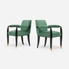 Dominique, Armchairs, pair, c. 1935, lacquered wood, suede upholstery, brass