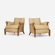 Alfred Chambon, Bergères, pair, c. 1920, mahogany, upholstery, brass-plated metal