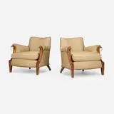Alfred Chambon, Bergères, pair, c. 1920, mahogany, upholstery, brass-plated metal