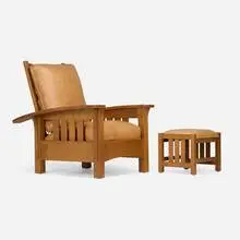 Stickley-Audi, Morris chair and footstool, 1991-92, oak, leather upholstery