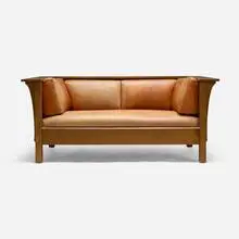 Stickley-Audi, Paneled settee, 1992, oak, leather upholstery
