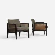 armchairs model 5513, pair by Edward Wormley, lacquered mahogany, cane, upholstery, brass, sold Jul 2016