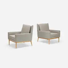 lounge chairs model 302, pair by Paul McCobb, c. 1955, upholstery, bleached mahogany, sold Jul 2016