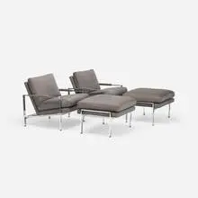 chairs with ottomans, pair by Milo Baughman, c. 1965, upholstery, chrome-plated steel, sold Jul 2016
