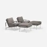 Milo Baughman, chairs with ottomans, pair, c. 1965, upholstery, chrome-plated steel