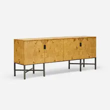 credenza by Roger Sprunger, c. 1965, maple burl, oxidized brass, sold Jul 2016