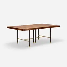 Harvey Probber, dining table, c. 1955, rosewood, stained mahogany, brass