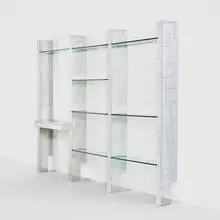 Cityscape wall-mounted bookshelf by Paul Evans, c. 1970, chrome-plated steel, glass, sold Jul 2016