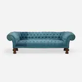 Clarke & Reilly, Chesterfield sofa, embroidered fabric, carved oak
