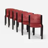 Joe Colombo, Model 300 dining chairs, set of six, 1965, stained oak, upholstery, enameled steel