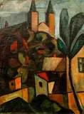 Church and Village Scene by Arthur Möller, oil on canvas, offered Aug 2020