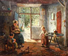 Evert Pieters, Domestic Bliss, Mother Peeling Apples, oil on canvas