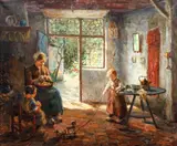 Evert Pieters, Domestic Bliss, Mother Peeling Apples, oil on canvas