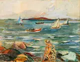 Boats at Sea, undated but c.1950s by Ole Solbakken, oil on artist's board, offered Aug 2020