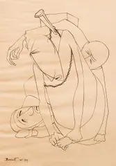 Chained Figures by Barrett, 1949, ink drawing on sketch paper, offered Aug 2020