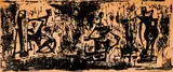 (Born 1925), Abstract Figures Notecard by Lorrie Goulet, woodcut on tan paper, offered Aug 2020