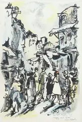 Yona Mach, Jerusalem Street Scene, watercolor on paper
