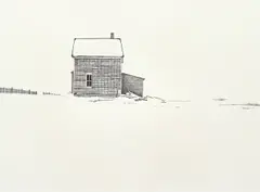 Farmhouse in a Field by David Nowicki, 1975, pen and ink on paper, offered Aug 2020