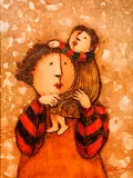 Joyce Roybal, Pair of paintings: Mother and Child and Woman With Flute, acrylic on canvas, both