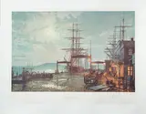 John Stobart, San Francisco, Vallejo Street Wharf in 1863, (1977), lithographic print on Paper, 24.5 x 33 inches
