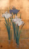 Iris, #55, 1985, silk screen printed on a ground of gold leaf, 23.5 x 13.75 inches by Kuzutoshi Sugiura, pencil, offered Aug 2020