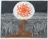 I Saw It At Night, 1980, color by Madhu Bazaz Wangu, woodcut accented with gold paint, offered Aug 2020