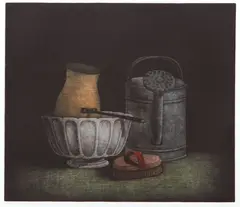 Tomoe Yokoi, Watering Can, Jug and Brush, circa 1973, color mezzotint, pencil