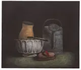 Tomoe Yokoi, Watering Can, Jug and Brush, circa 1973, color mezzotint, pencil