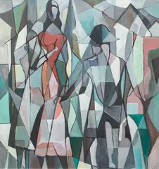 Title: Abstracted Figures, Date: 1954, Medium: by Harry W. Scheuch, oil on masonite panel, Dimensions:, offered Jun 2020