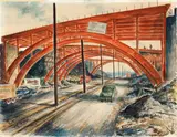 Robert R. Young, Three American Bridge Co. Bridges under Construction near Pittsburgh, circa 1950, watercolor