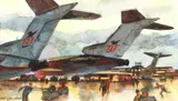 Busy Airport Scene by Nat Youngblood, watercolor, offered Jun 2020