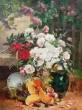 Still Life of Red and White Peonies, Lilacs, with Asian Ceramic Bowl, Sliced Melon and Peaches next to a Water Pot in an outdoor Setting by Eugène Henri Cauchois, oil on canvas, offered Jun 2020
