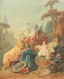 Floral Scene with Sheep, Hat and Birds, signed and dated lower left, Huet by Jean-Baptiste Huet, 1769, oil on canvas, offered Jun 2020