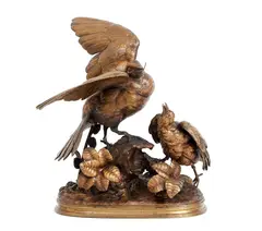 Ferdinand Pautrot, Bird Feeding Her Chick, patinated, bronze sculpture, partially