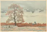 Kawase Hasui, : "Rain at Lake Matsu", color woodblock print, 9 1/2" x 14 1/4"