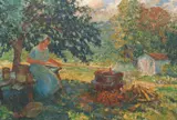 Untitled by Carl A, oil painting woman at fire, offered May 2020