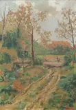 Outdoor Scene with Path and Bridge, 1925 (date taken from a former owner's note on reverse), signed bottom right with a fainter signature bottom left by Carl A. Walberg, oil on canvas, offered May 2020