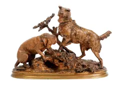 Ferdinand Pautrot, Hunting Dogs Outside of Foxhole, patinated, bronze sculpture