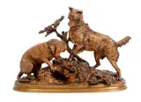 Ferdinand Pautrot, Hunting Dogs Outside of Foxhole, patinated, bronze sculpture