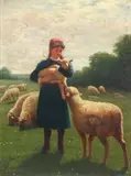 Samuel S. Carr, Young Shepherdess Holding The Baby Lamb, oil on canvas