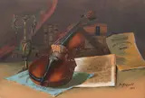 Still Life with Violin, Books and Sheet Music by Susan F. Bissell, 1911, watercolor on artist board, offered May 2020