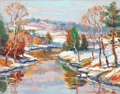 Wayne Morrell, Sunlit Ipswich Winter Stream, 1995, oil on board