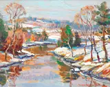 Wayne Morrell, Sunlit Ipswich Winter Stream, 1995, oil on board
