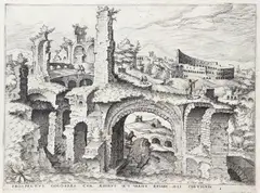 Hieronymus Cock, Prospectus Colossaei Cum Aedibus Et Variis Ruinis Illi Contiguis (View of Colosseum and Ruins), 1551, etching on paper