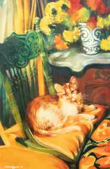 Resting Cat by Robert Schmalzried, 1972, acrylic on masonite panel, offered May 2020